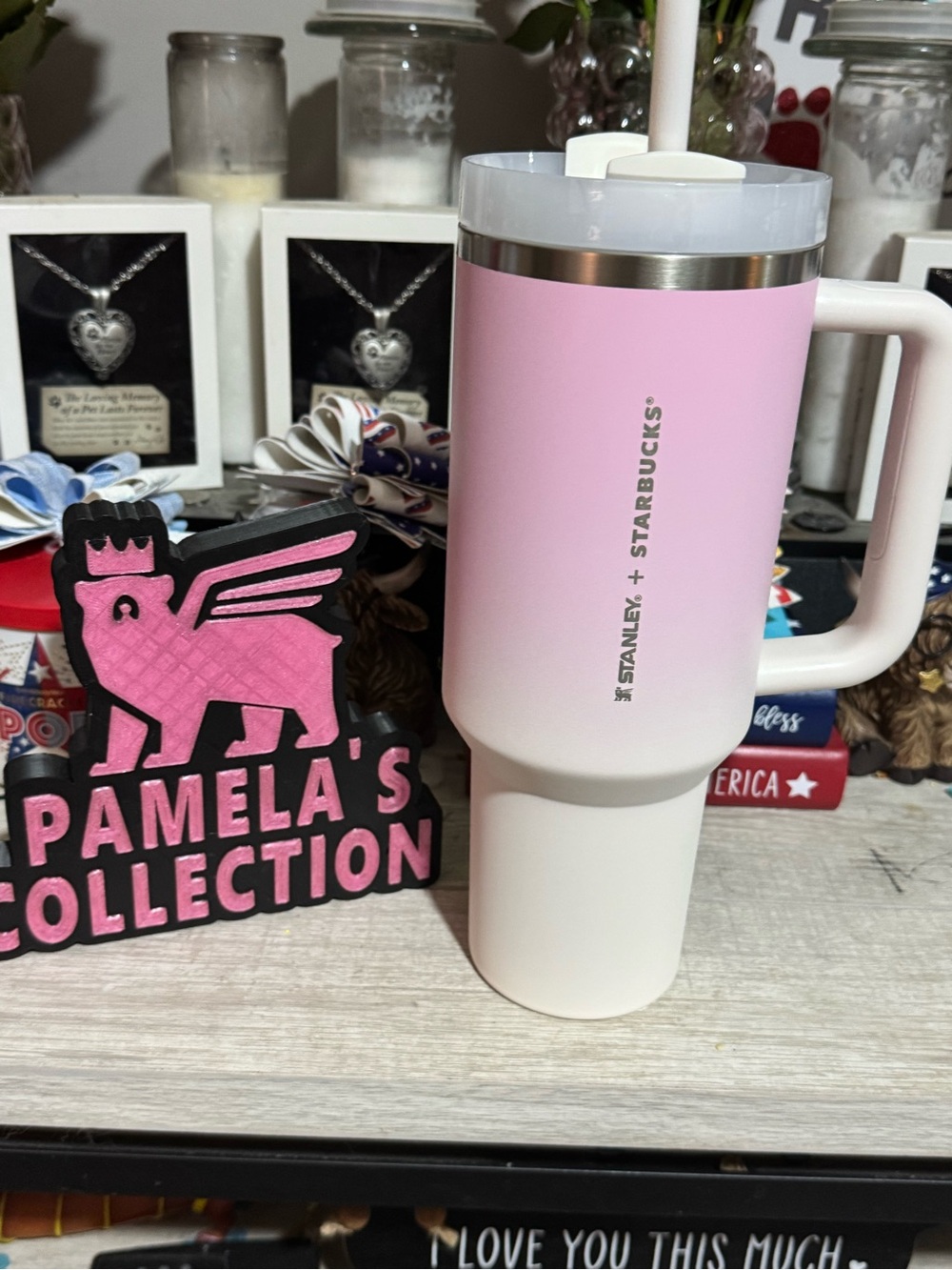 Stanley x Starbucks Pink and White Travel Tumbler with Handle